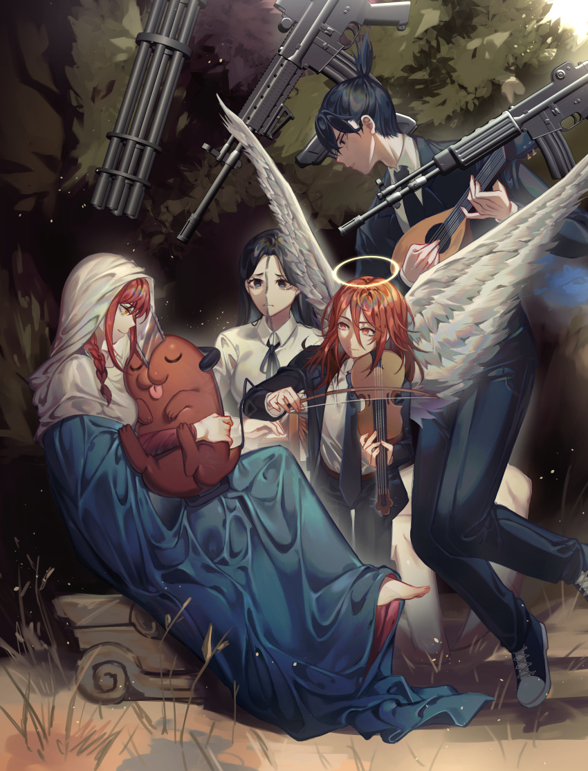 2boys, 2girls, absurdres, angel_devil_(chainsaw_man), angel_wings, barefoot, black_hair, black_necktie