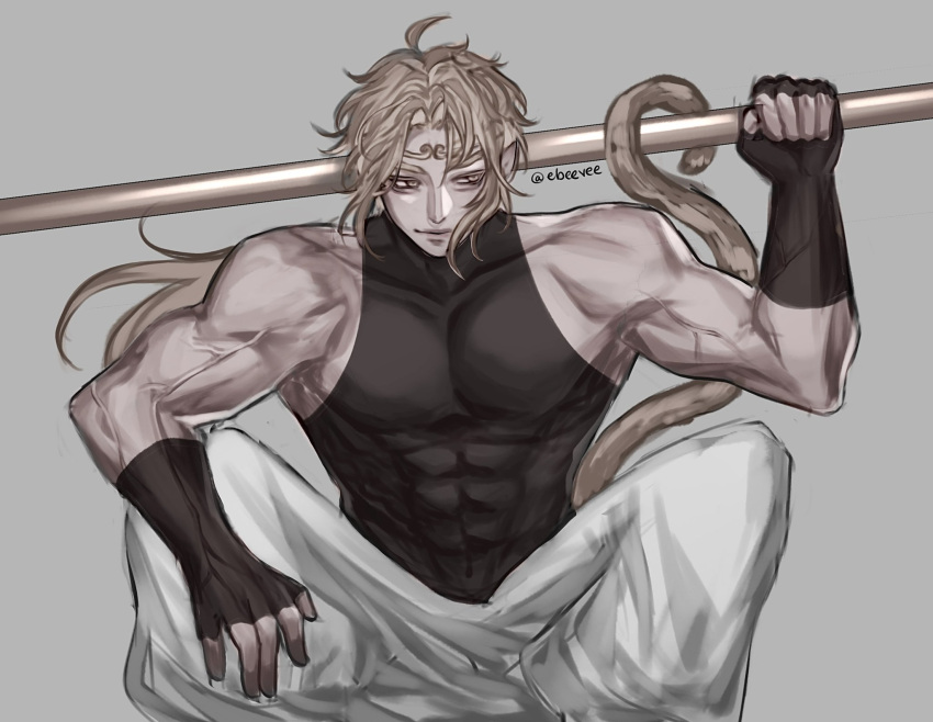 1boy, abs, black_gloves, black_tank_top, blonde_hair, curtained_hair, evie_(baoxiao), fingerless_gloves