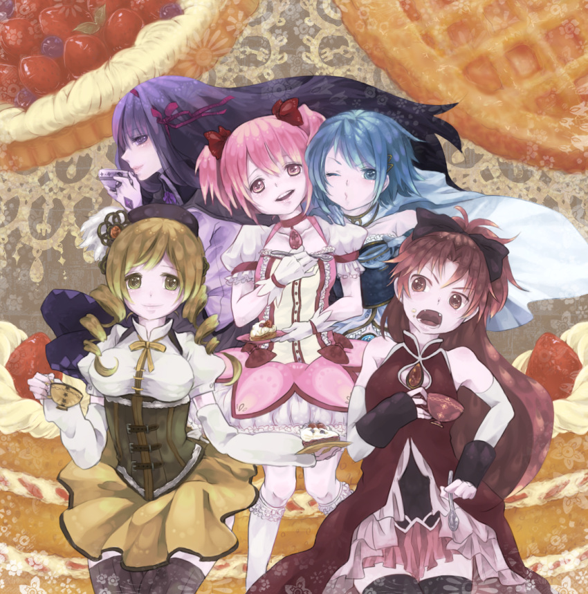 akemi_homura, bad_id, cake, cherry, cup, food, food_on_face, fruit, kaname_madoka, magical_girl, mahou_shoujo_madoka_magica, marugo, miki_sayaka, multiple_girls, sakura_kyouko, spoon, strawberry, teacup, thighhighs, tomoe_mami