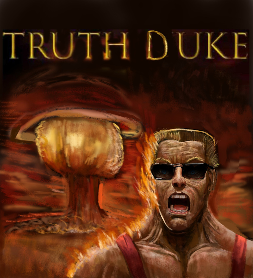 1boy, absurdres, blonde_hair, blue_eyes, burning, character_name, duke_nukem, duke_nukem_(series)