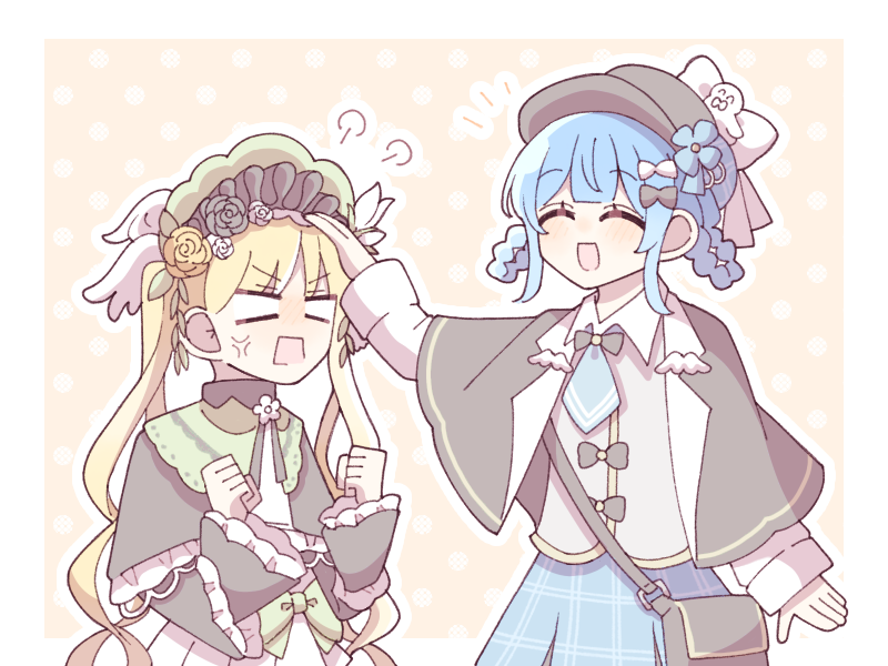 2girls, 710river, anger_vein, annoyed, black_bag, black_bow, black_capelet, black_flower