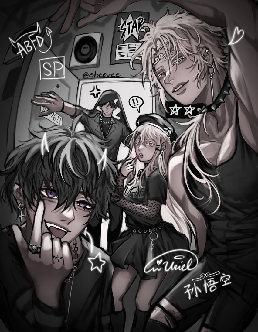 !, 1girl, 3boys, :p, abyssal_black_flame_dragon_(omniscient_reader's_viewpoint), alternate_costume, black_coat, black_dress