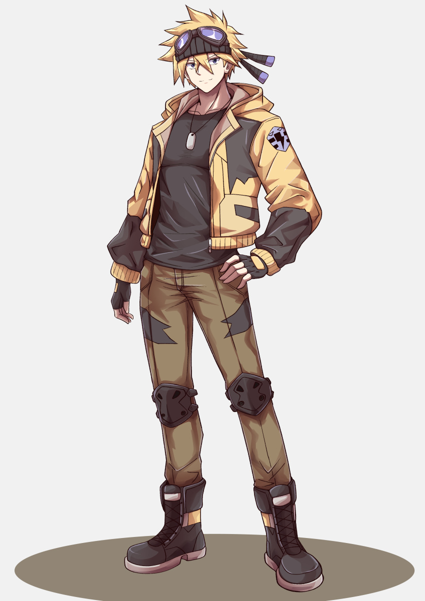 1boy, absurdres, black_gloves, black_headband, black_shirt, black_shoes, blonde_hair, brown_pants