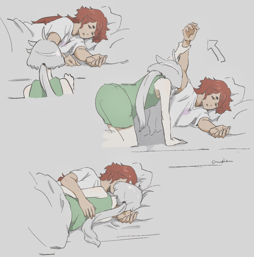 0321smith, 2girls, closed_eyes, commentary_request, cuddling, green_shorts, green_tank_top, grey_background, gundam, gundam_suisei_no_majo, highres, long_hair, miorine_rembran, multiple_girls, on_bed, open_mouth, pillow, ponytail, red_hair, shirt, shorts, simple_background, suletta_mercury, tank_top, thick_eyebrows, under_covers, white_shirt, yuri