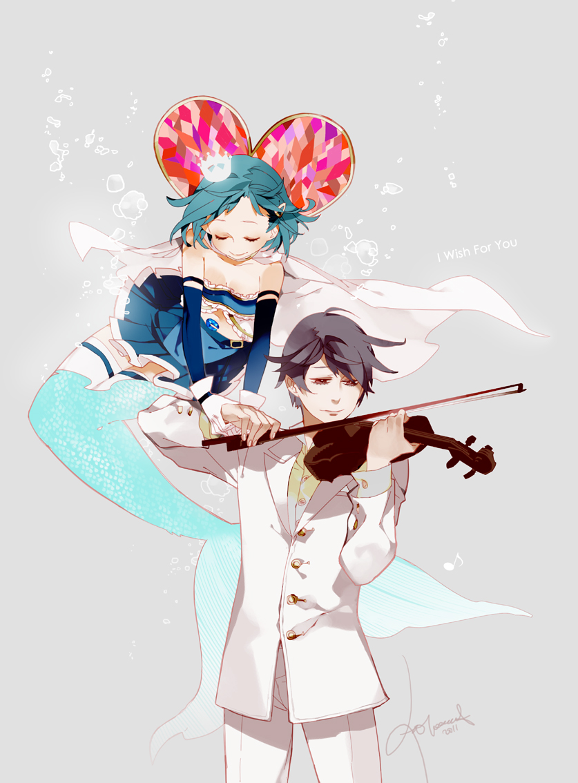 antenna2669, antenna_(draconian), black_hair, blue_hair, closed_eyes, crown, eyes_closed, formal
