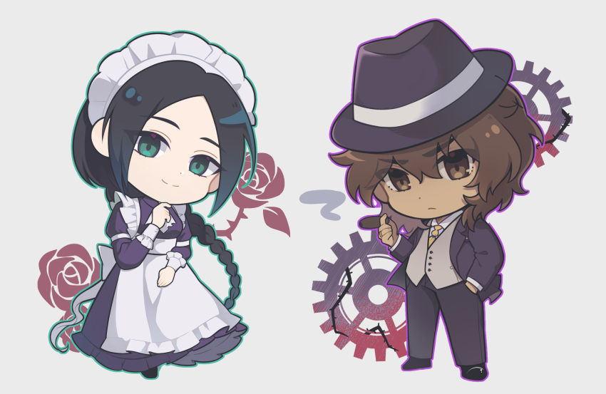 1boy, 1girl, apron, black_hair, braid, brown_eyes, brown_hair, chibi