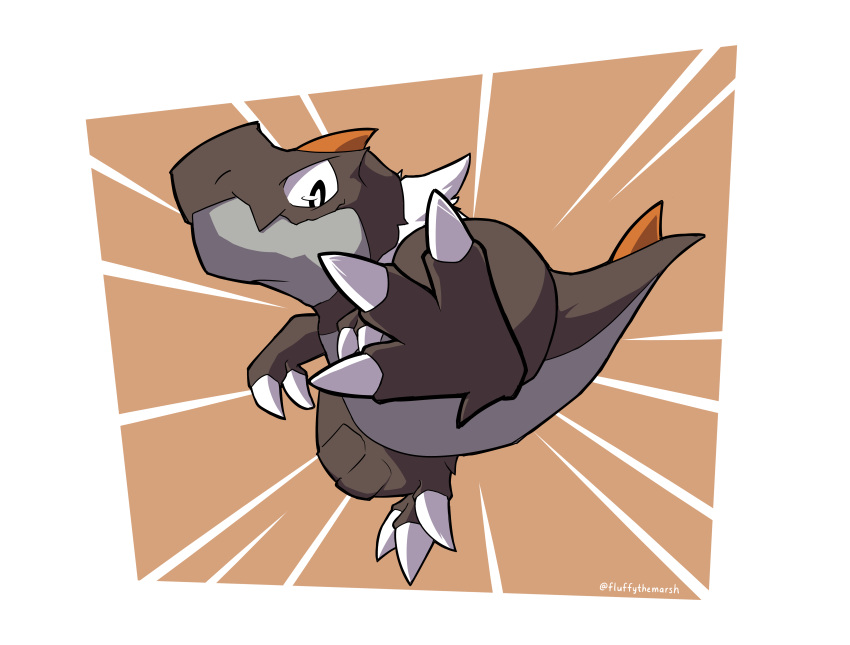 absurdres, artist_name, brown_background, claws, dinosaur, highres, kicking, marshie_65, no_humans, pokemon, pokemon_(creature), solo, tail, two-tone_background, tyrunt, white_background