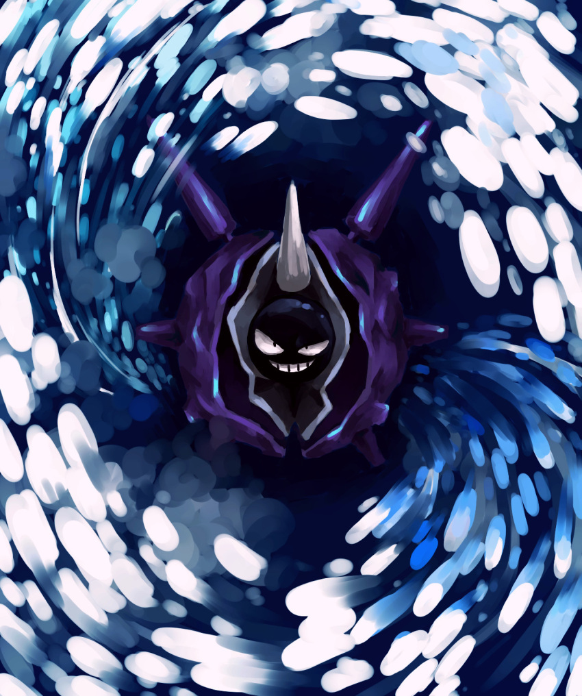 blizzard_(pokemon), cloyster, food_fighter_441, full_body, grin, highres, no_humans, pokemon, pokemon_(creature), pokemon_move, smile