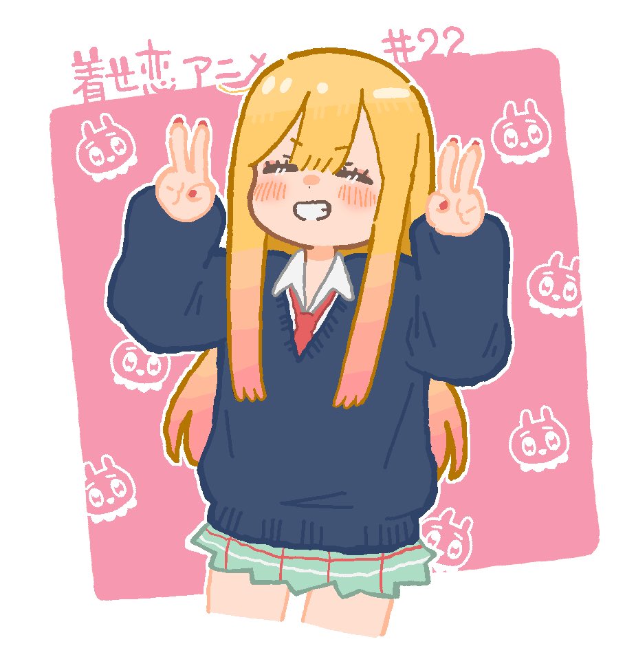 1girl, anime_coloring, blonde_hair, blush, happy, kitagawa_marin, long_hair, minemineo, naughty_face, pink_background, sono_bisque_doll_wa_koi_wo_suru, teeth, yes