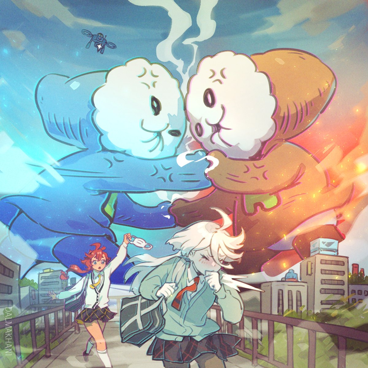 2girls, angry, cityscape, dalmakhani3, drone, fighting_stance, giant, gundam, gundam_suisei_no_majo, highres, mask, miorine_rembran, multiple_girls, red_hair, respirator, running, suletta_mercury, white_hair