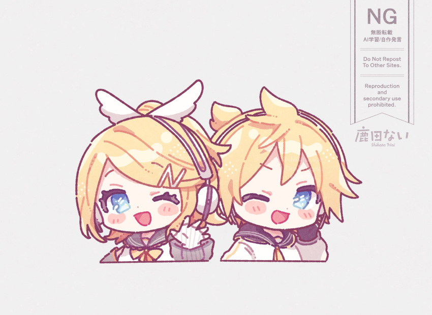 1boy, 1girl, ;d, artist_name, black_sailor_collar, blonde_hair, blue_eyes, blush_stickers