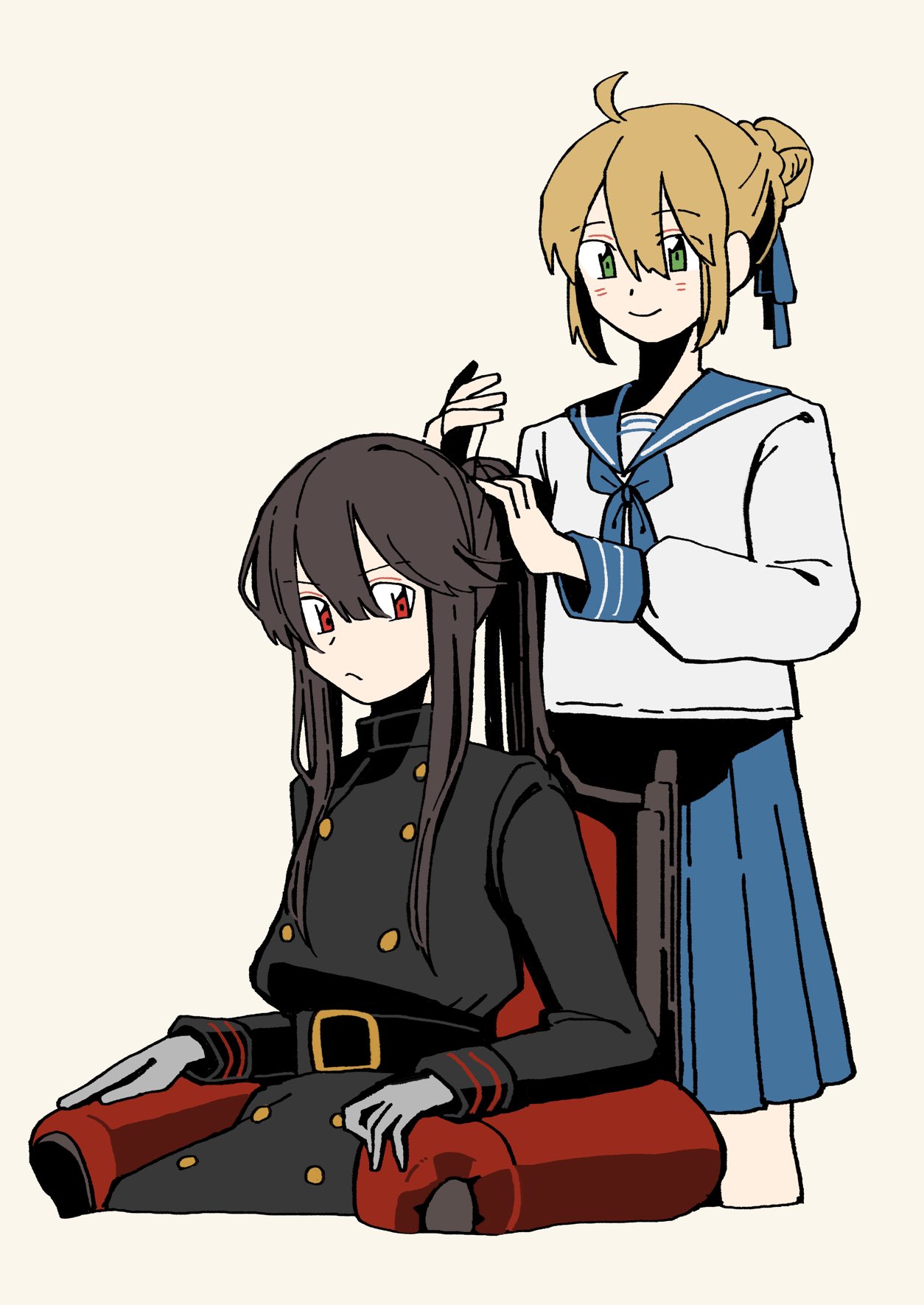 2girls, adjusting_another's_hair, ahoge, artoria_pendragon_(fate), belt, belt_buckle, black_belt, blue_sailor_collar