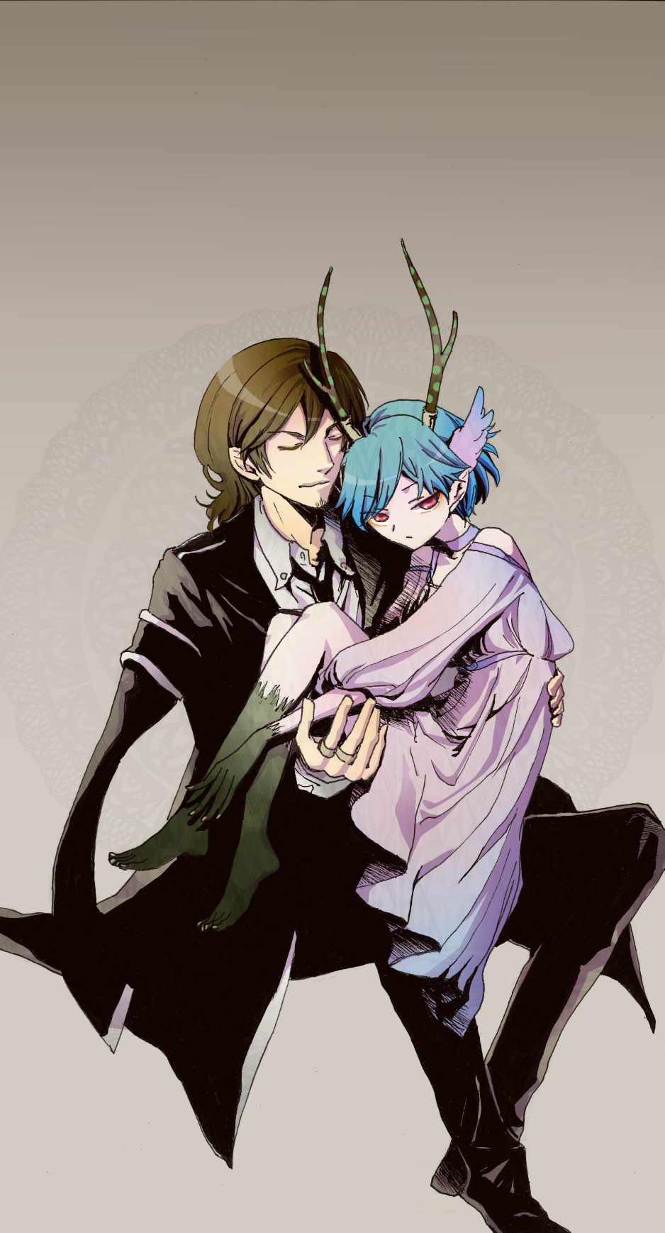 antlers, blue_hair, brown_hair, c_(control), c_the_money_of_soul_and_possibility_control, carrying, closed_eyes, dress, head_wings, highres, mikuni_souichirou, norino_moto, pointy_ears, princess_carry, q_(c), q_(control), red_eyes, size_difference