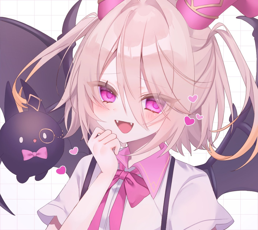 #compass, 1boy, 8taraka7i, :d, bat_wings, black_wings, blush, bow, bowtie, brown_hair, collared_shirt, commentary_request, creature, curled_horns, demon_horns, demon_wings, double-parted_bangs, familiar, fangs, furrowed_brow, gradient_hair, grid_background, hair_between_eyes, hair_intakes, hand_up, hashtag-only_commentary, heart, highres, horn_ornament, horns, long_hair_between_eyes, looking_at_viewer, lovey_chouchoumarchou, loving_aura, male_focus, monocle, multicolored_hair, orange_hair, pink_bow, pink_bowtie, pink_hair, pink_horns, portrait, shirt, short_hair, short_sleeves, simple_background, smile, solo, suspenders, trap, two-tone_hair, two_side_up, white_background, white_shirt, wings