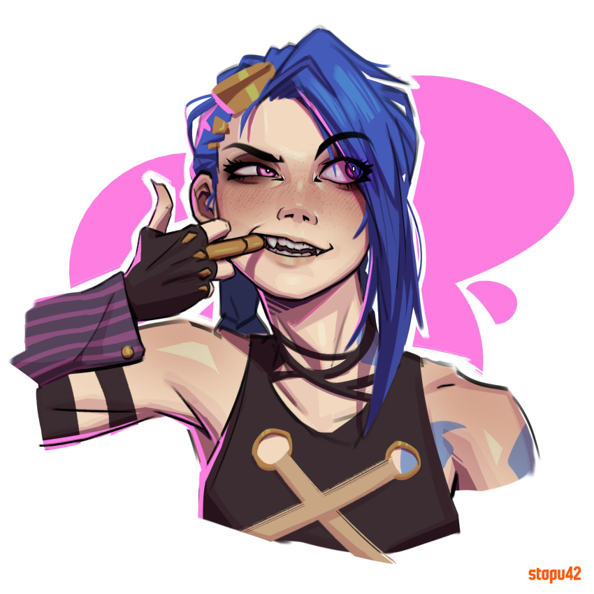 1girl, arcane:_league_of_legends, arcane_jinx, artist_name, bare_shoulders, black_choker, black_gloves, black_shirt