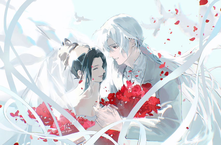 1boy, 1girl, :d, ^_^, absurdres, albino, bridal_veil, closed_eyes