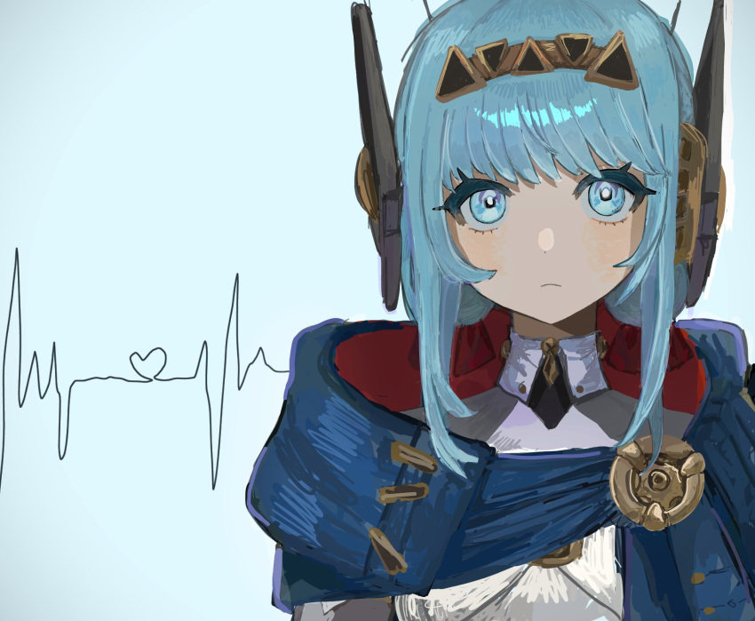 1girl, android, aqua_eyes, aqua_hair, blue_background, cardiogram, commentary, english_commentary, frown, genshin_impact, hashtag-only_commentary, highres, ineffa_(genshin_impact), looking_ahead, lurker_mlt, medium_hair, portrait, sidelocks, simple_background, solo