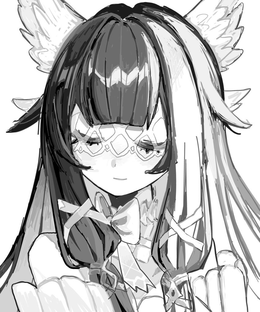 1girl, bare_shoulders, choker, closed_eyes, columbina_(genshin_impact), eye_mask, genshin_impact, greyscale, hair_ornament, highres, long_hair, lurker_mlt, monochrome, portrait, ribbon_choker, simple_background, sketch, smile, solo, white_background, wing_hair_ornament