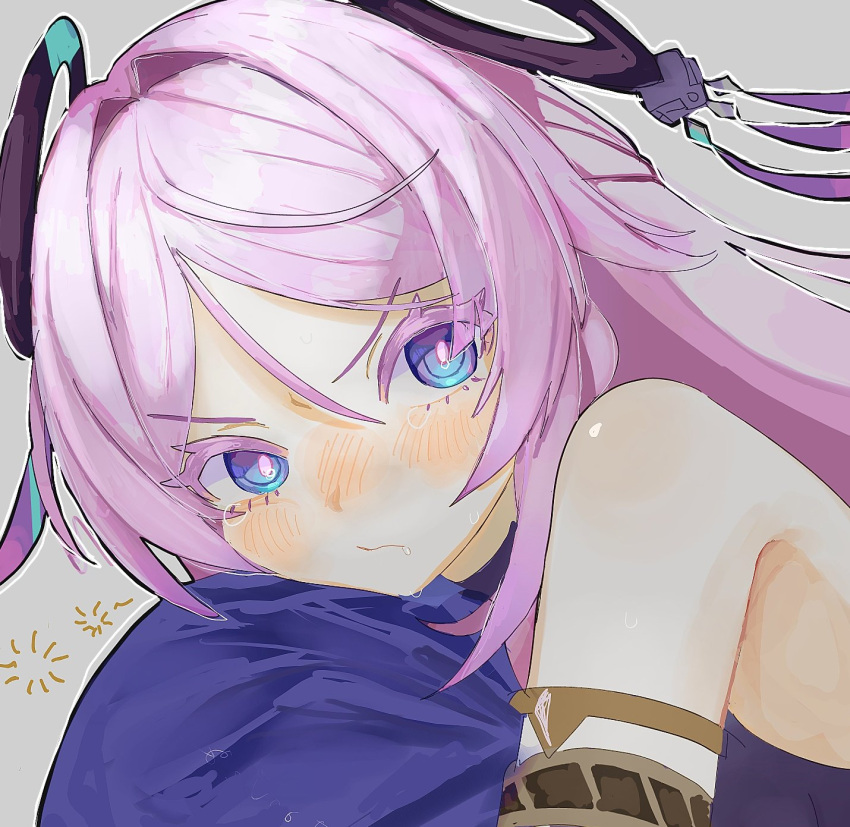 1girl, bare_shoulders, blue_eyes, blush, citlali_(genshin_impact), colored_eyelashes, floating_headgear, genshin_impact, grey_background, headgear, highres, long_hair, looking_at_viewer, lurker_mlt, pink_hair, simple_background, solo, tearing_up, v-shaped_eyebrows