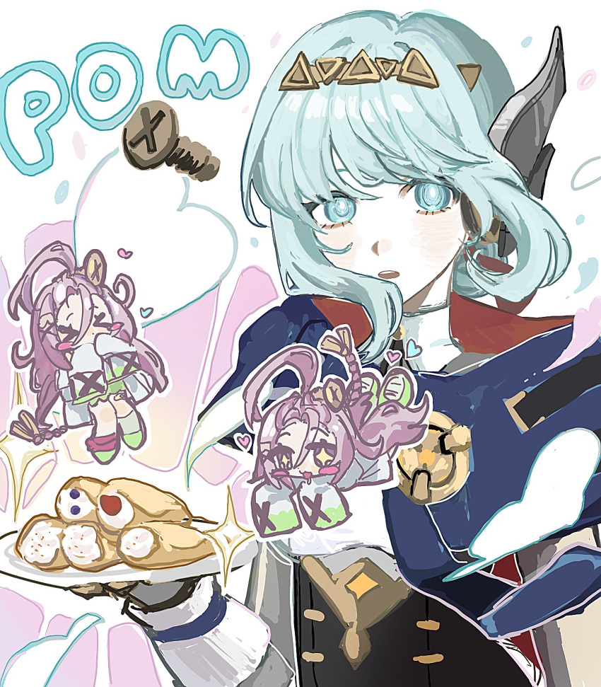 2girls, :o, aino_(genshin_impact), android, aqua_eyes, aqua_hair, cannoli, chibi