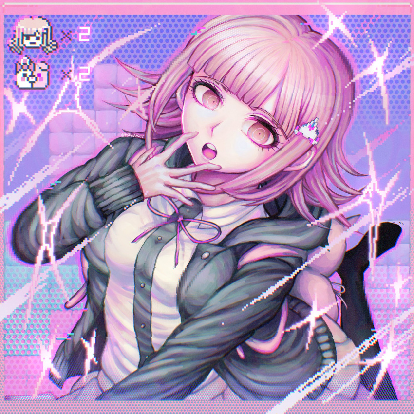 1girl, backpack, bag, black_socks, border, breasts, collared_shirt, danganronpa_(series)