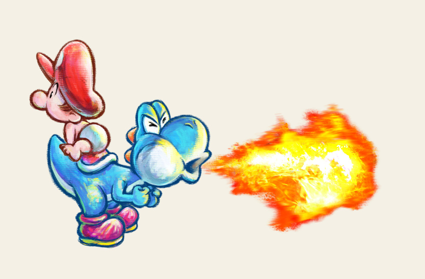 2boys, absurdres, baby, baby_mario, boots, breath_weapon, breathing_fire, brown_hair