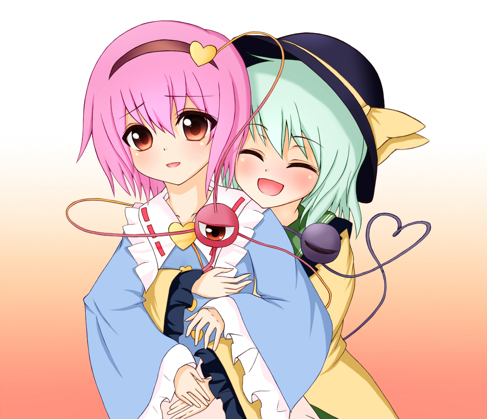 breast_grab, breasts, closed_eyes, eyeball, eyes_closed, green_hair, hairband, hat