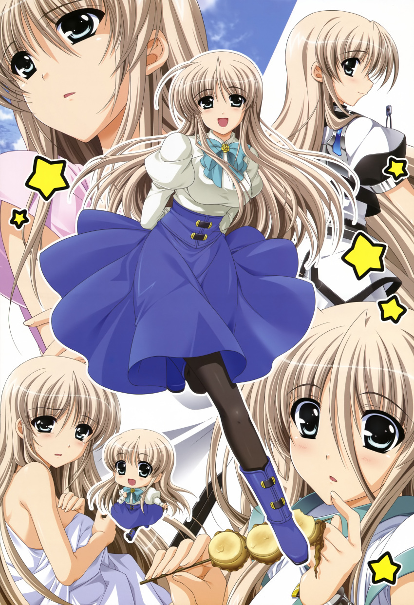 :d, :o, absurdres, bed_sheet, black_legwear, blue_eyes, blush, boots