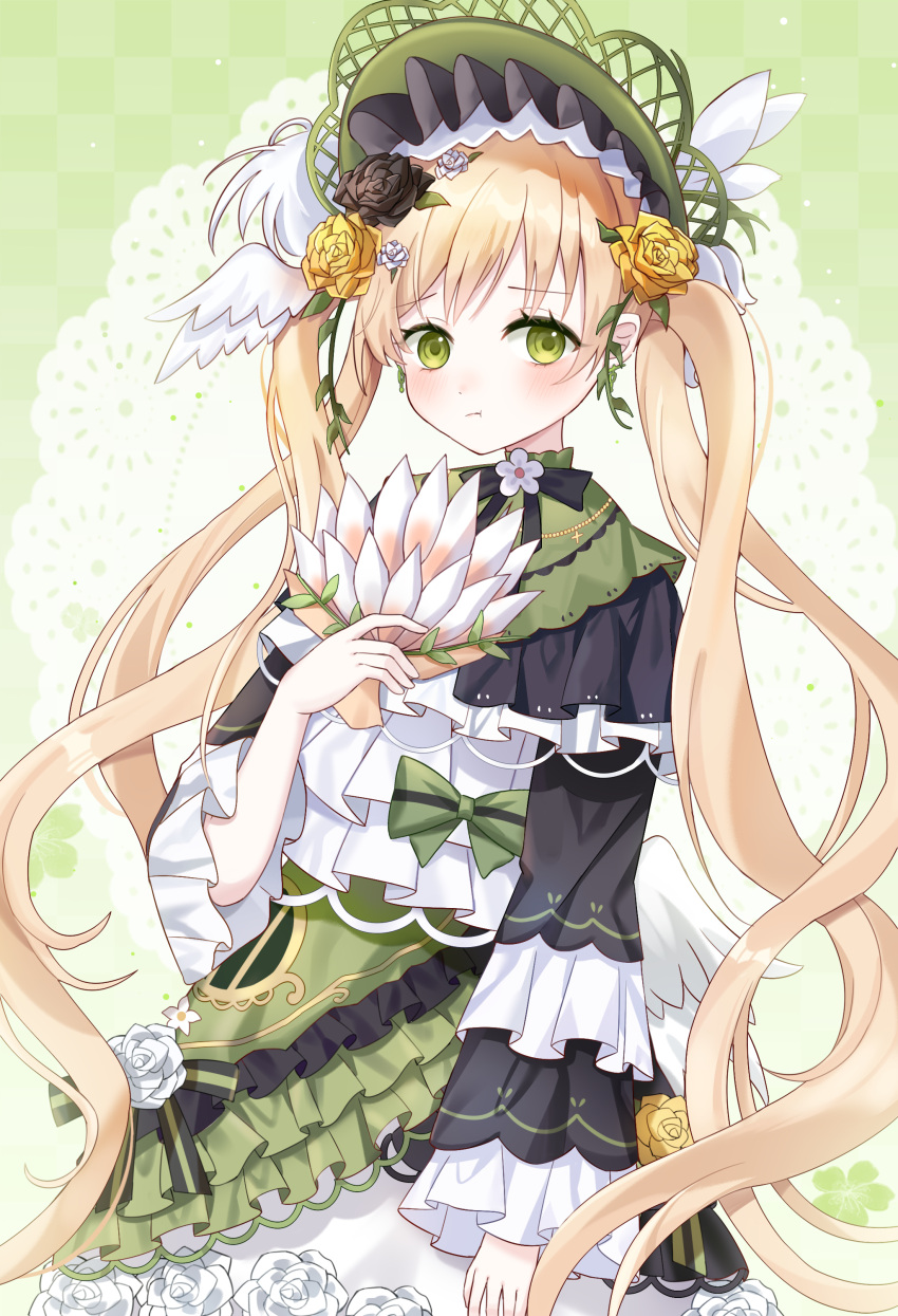 1girl, absurdres, black_capelet, black_flower, black_rose, blonde_hair, bonnet, capelet