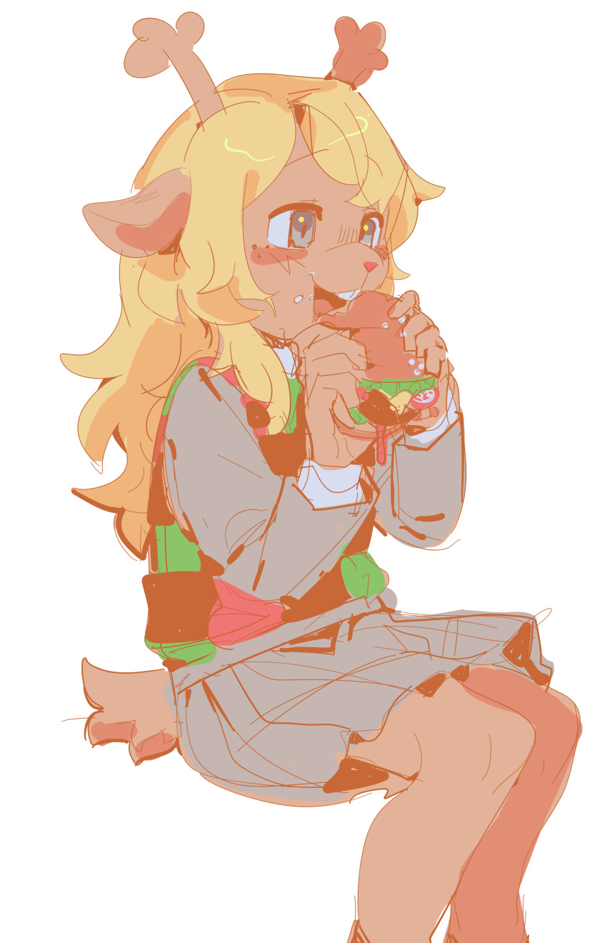 1girl, absurdres, antlers, blonde_hair, blue_eyes, blush, burger, crybleat, deltarune, eating, food, freckles, furry, furry_female, grey_skirt, highres, horns, long_hair, long_sleeves, noelle_holiday, sitting, sketch, skirt, solo, tail, utdr_(toby_fox), vest, white_background