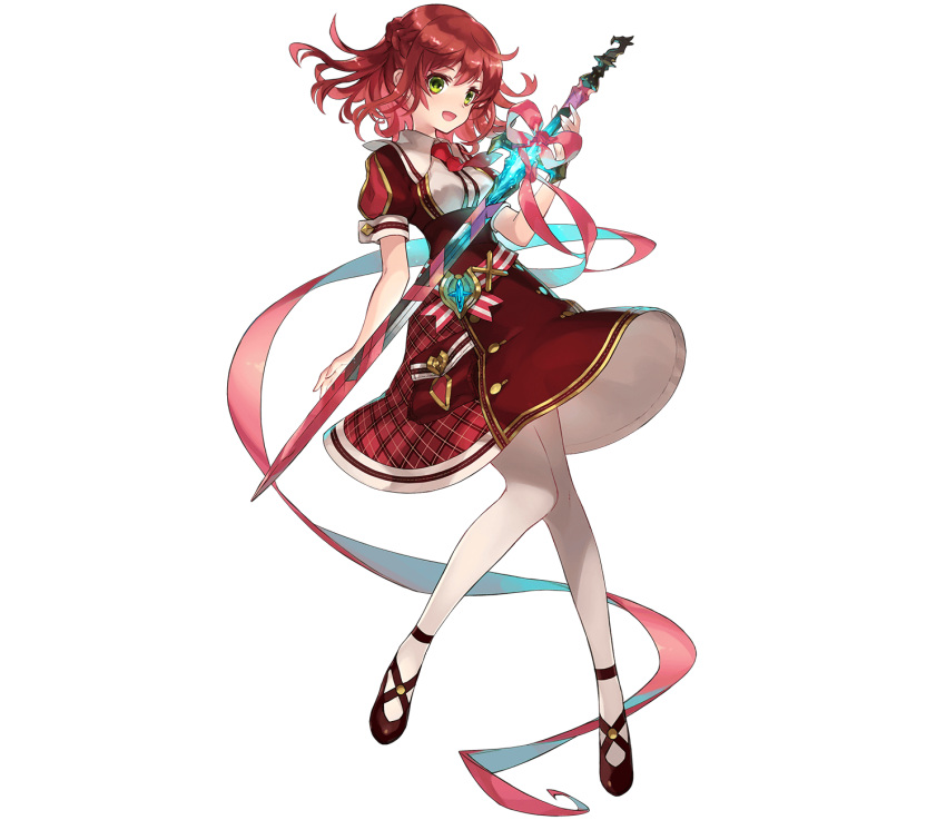 1girl, :d, ahoge, ascalon_(phantom_of_the_kill), belt, belt_buckle, bow, braid