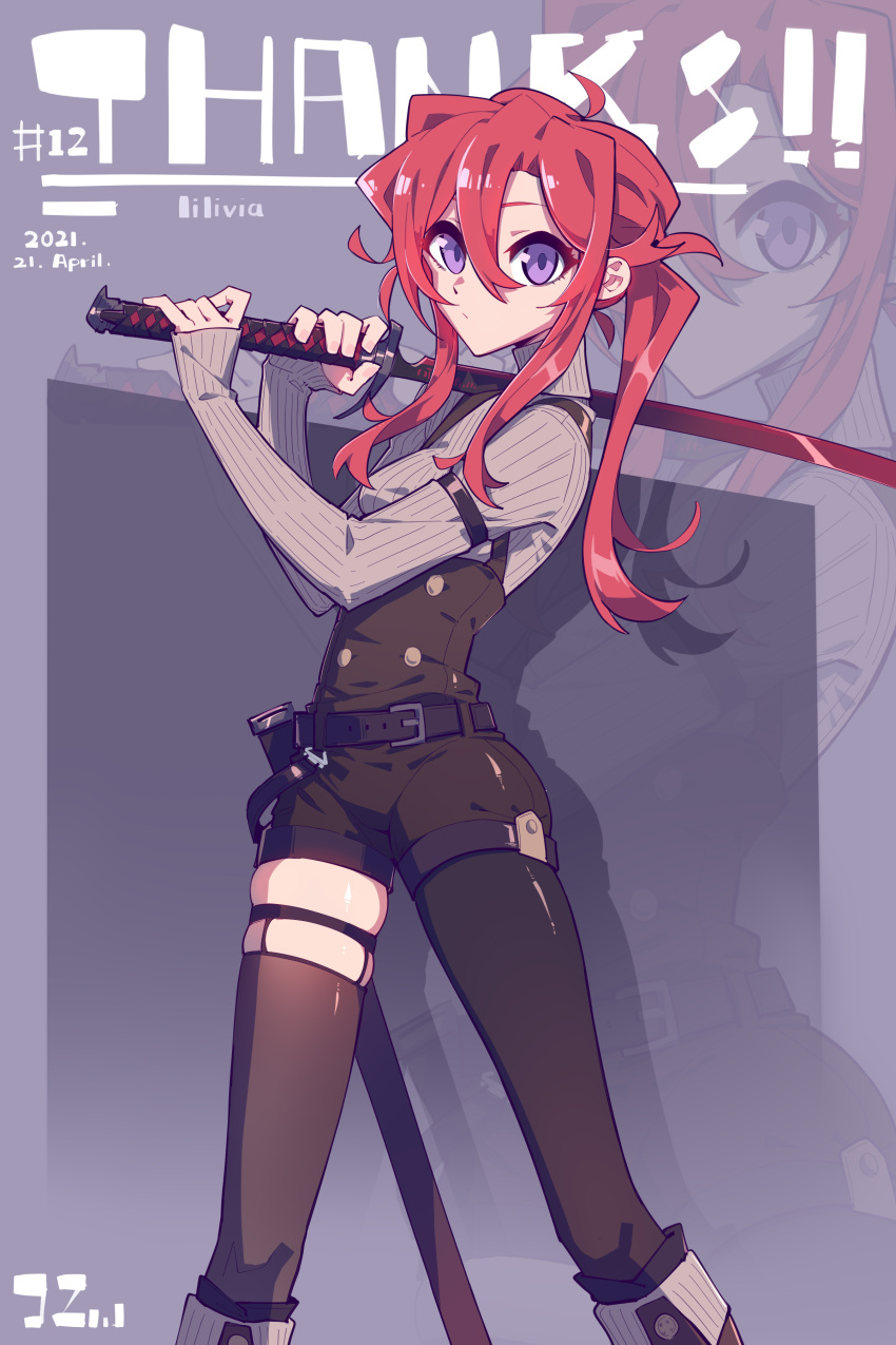 1girl, 2021, absurdres, ahoge, belt, black_belt, black_overalls, black_pantyhose