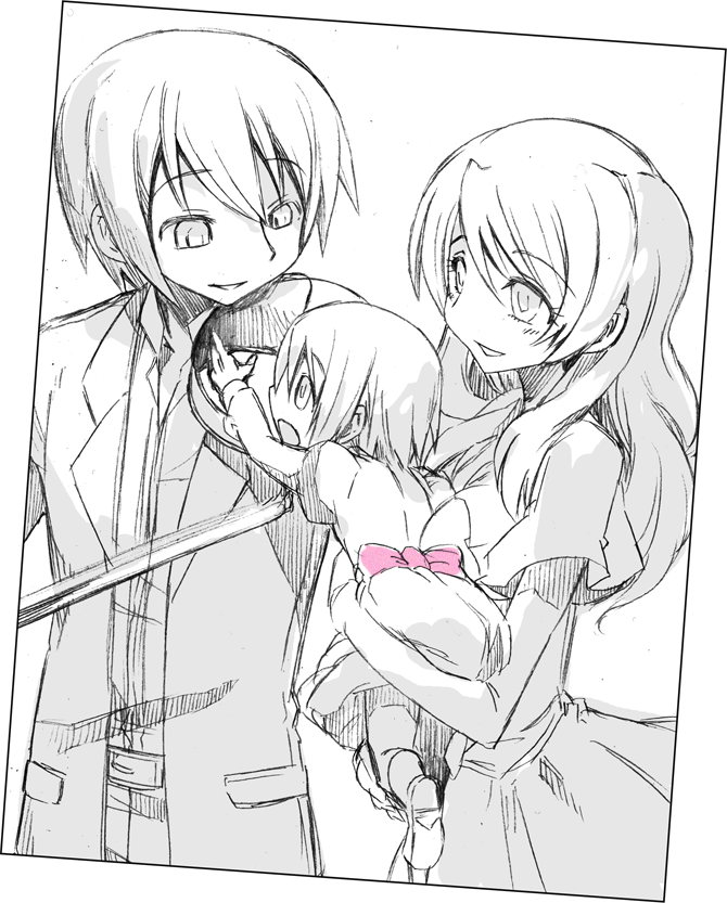 adult, child, dougan_calpis_con, family, formal, if_they_mated, instrument, kamijou_kyousuke, mahou_shoujo_madoka_magica, miki_sayaka, monochrome, multiple_girls, shizuki_hitomi, spot_color, suit, suite, violin, young