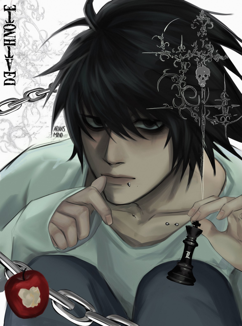 1boy, my_favorites, apple, aransmind, artist_name, black_eyes, black_hair, chain, character_name, chess_piece, closed_mouth, collarbone_piercing, cyber_sigilism, death_note, dilated_pupils, face_piercing, finger_to_mouth, food, fruit, grey_pants, hair_between_eyes, highres, holding, holding_chess_piece, ibispaint_(medium), king_(chess), l_(death_note), lip_piercing, looking_at_viewer, pants, piercing, shirt, sitting, sleeves_past_wrists, smokey_eyeshadow, white_background, white_shirtrnrnlrndeath_note