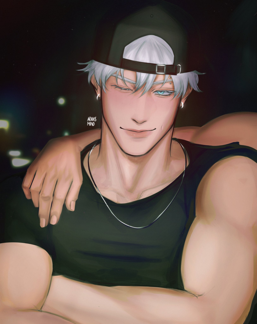 1boy, alternate_costume, aransmind, arm_on_another's_shoulder, artist_name, backwards_hat, baseball_cap, black_shirt, blue_eyes, closed_mouth, colored_eyelashes, crossed_arms, earrings, eyebrow_piercing, face_piercing, flashlight, gojou_satoru, hat, highres, ibispaint_(medium), jewelry, jujutsu_kaisen, light_smile, looking_at_viewer, muscular, muscular_male, necklace, night, one_eye_closed, piercing, road, shirt, street, t-shirt, tight_clothes, tight_shirt, white_eyelashes, white_hair