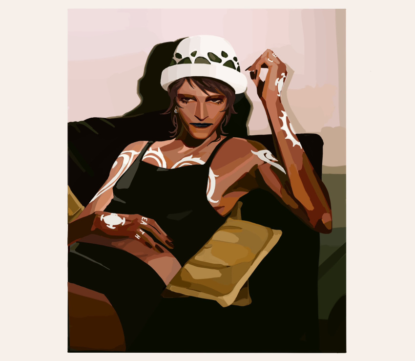 1girl, against_wall, arm_tattoo, arm_up, black_eyes, black_lips, black_nails, black_skirt