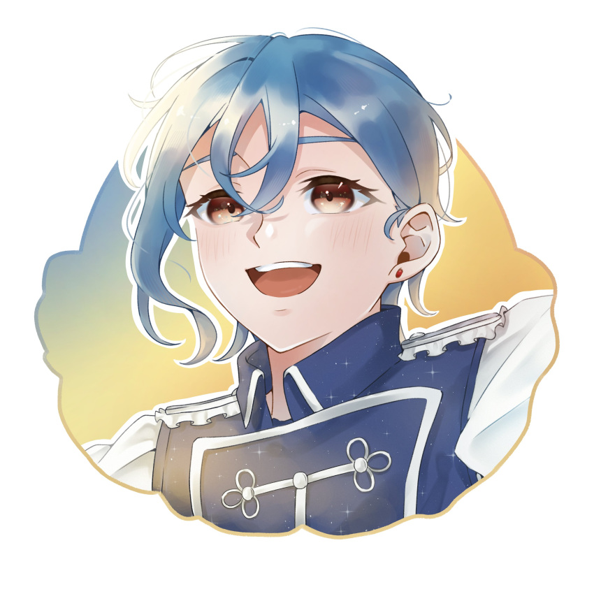 1girl, absurdres, blue_hair, collared_shirt, commentary_request, crossed_bangs, earrings, highres