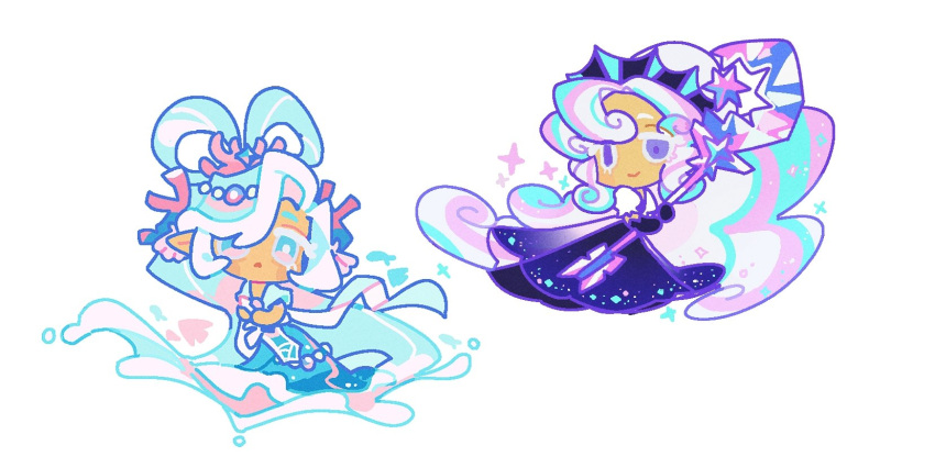 2girls, black_dress, blue_hair, chis74, closed_mouth, cookie_run, cookie_run:_ovenbreak, coral_hair_ornament