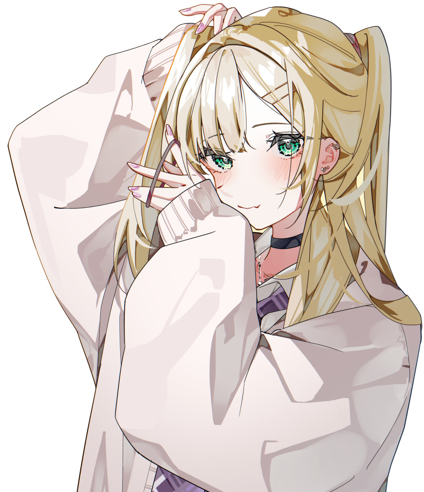 1girl, absurdres, amopui, arm_up, black_choker, blonde_hair, blush, choker