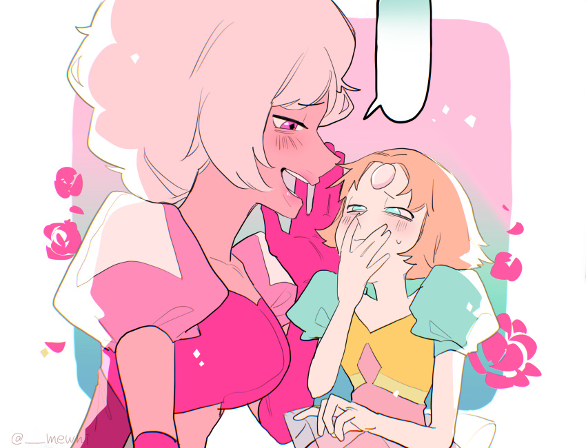 absurdres, blue_eyes, breasts, colored_skin, diamond-shaped_pupils, diamond_(shape), diamond_(species)_(steven_universe), dress, forehead_jewel, gem, gem_(steven_universe), highres, homeworld_gem_uniform, multiple_girls, pearl_(original_form)_(steven_universe), pearl_(species)_(steven_universe), pearl_(steven_universe), pink_diamond_(steven_universe), pink_eyes, pink_hair, pink_skin, short_hair, smile, steven_universe, symbol-shaped_pupils, user_vdha3872, yuri