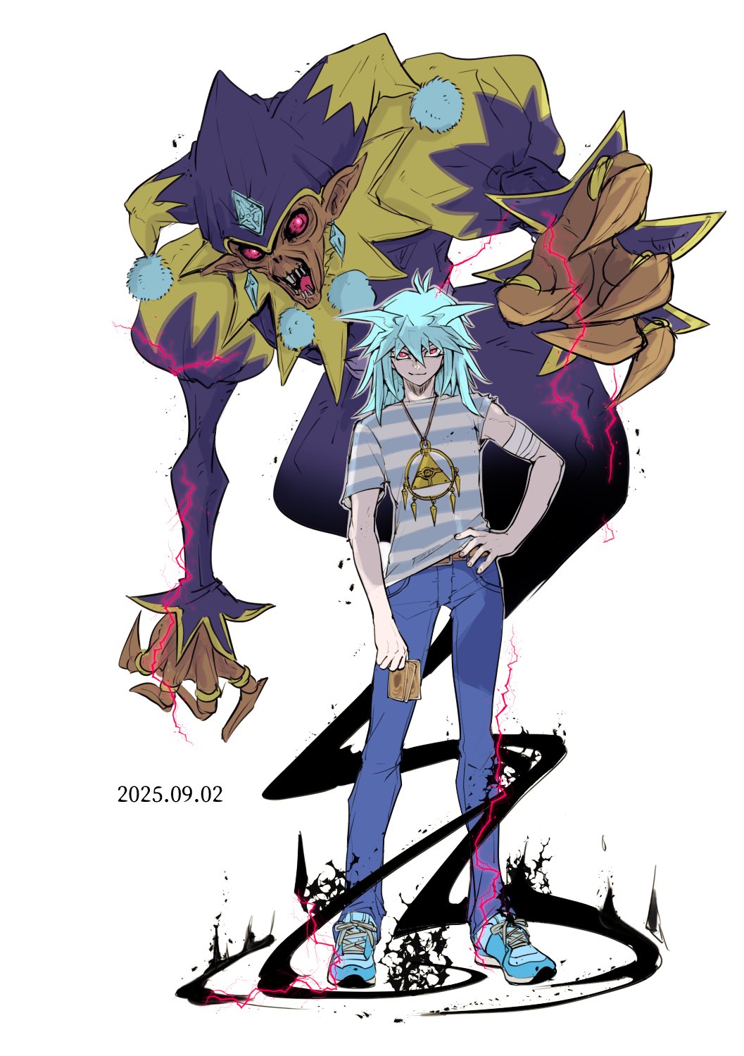 denim, duel_monster, earrings, hat, highres, jeans, jester, jester_cap