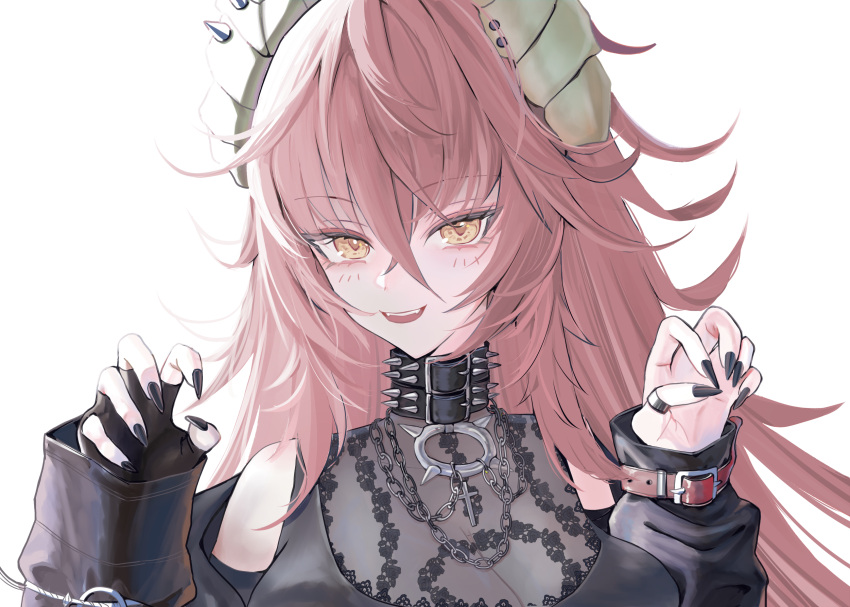 black_gloves, black_nails, black_shirt, dragon_girl, dragon_horns, fingerless_gloves, gloves, highres