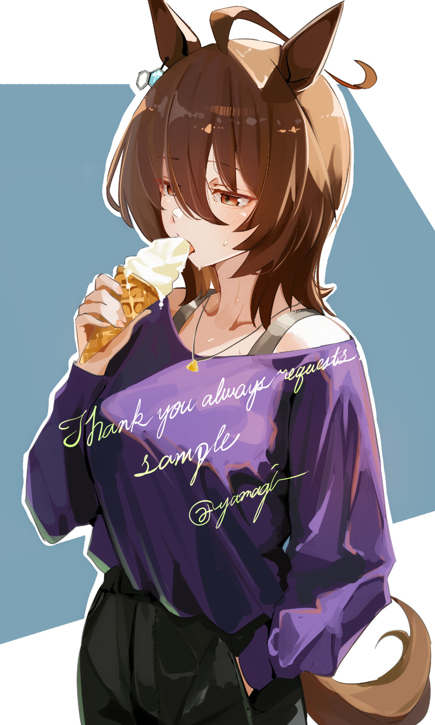 1girl, absurdres, agnes_tachyon_(casual)_(umamusume), agnes_tachyon_(umamusume), ahoge, animal_ears, bare_shoulders, black_pants, bra_strap, brown_hair, commission, earrings, eating, food, hair_between_eyes, hand_in_pocket, highres, holding, holding_ice_cream_cone, horse_ears, horse_girl, horse_tail, ice_cream, ice_cream_cone, jewelry, long_sleeves, medium_hair, melting_ice_cream, off-shoulder_shirt, off_shoulder, pants, purple_shirt, red_eyes, shirt, single_earring, skeb_commission, solo, sweat, tail, umamusume, yoojp
