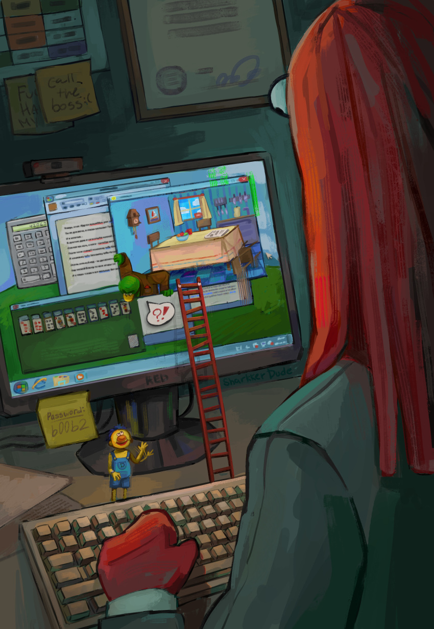 !?, 3boys, absurdres, black_eyes, blue_hair, blue_overalls, brown_jacket, clock