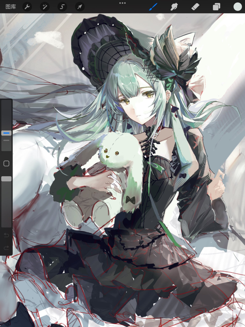 1girl, animal_ears, arknights, art_program_in_frame, bang_dream!, bang_dream!_it's_mygo!!!!!, black_bonnet, black_bow