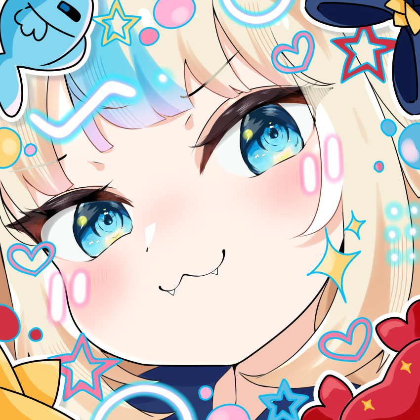 1girl, :3, absurdres, blonde_hair, blue_eyes, blue_hair, blush, bow