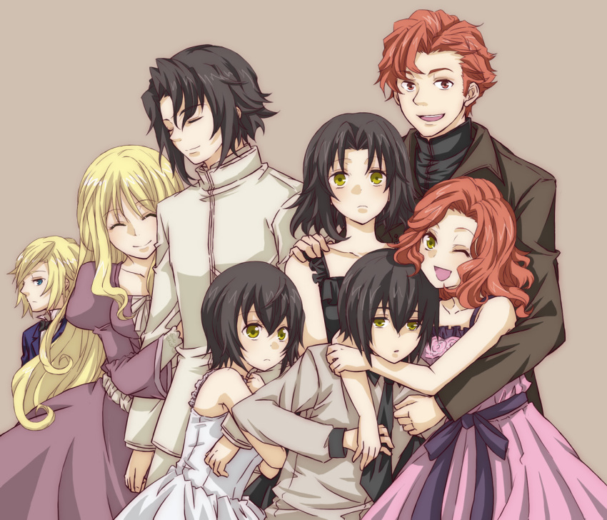 1boy, 1girl, 6+boys, 6+girls, baccano!, bare_shoulders, black_hair, blonde_hair