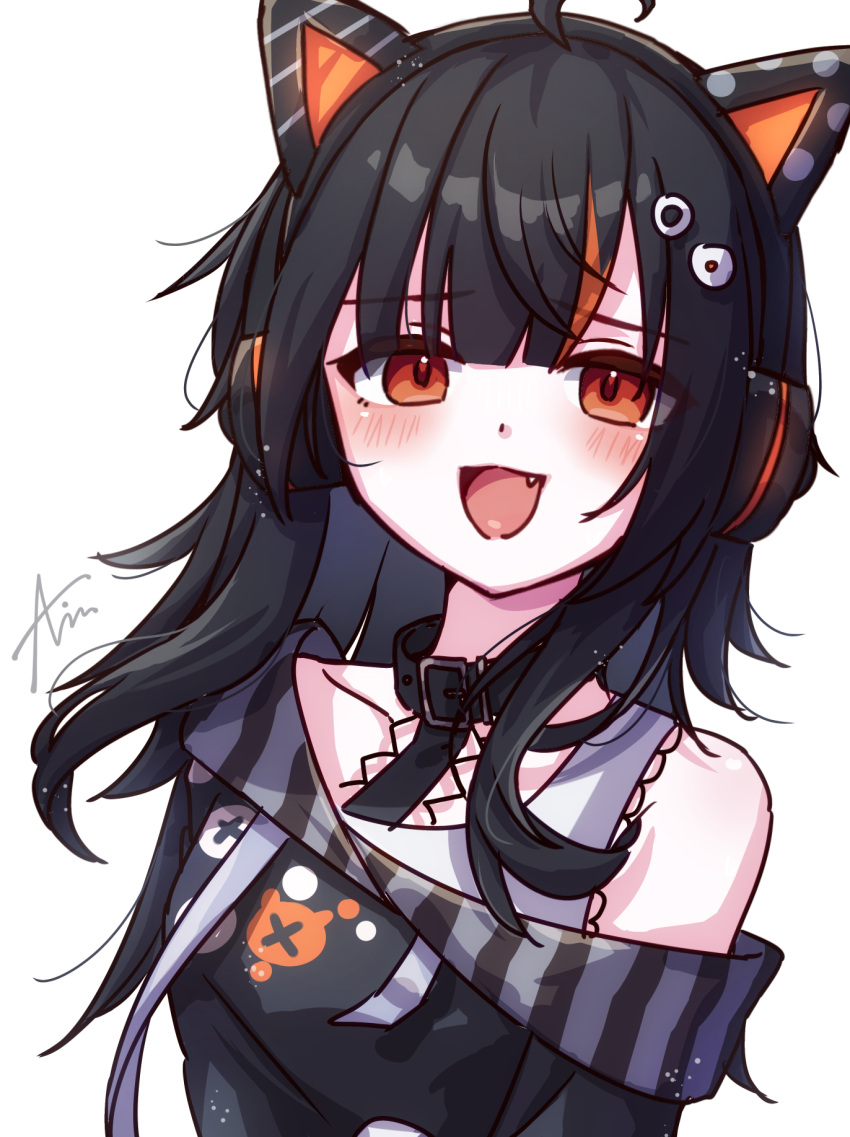 1girl, :d, ahoge, animal_ear_headphones, animal_ears, black_collar, black_hair, black_sweater