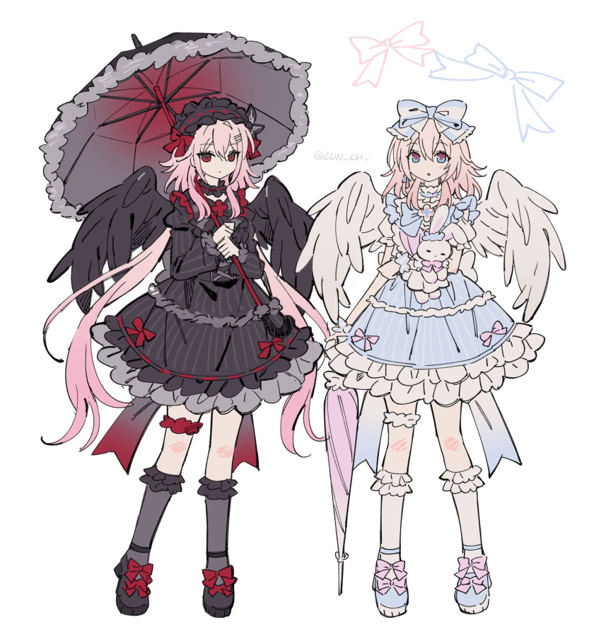 2girls, alternate_costume, black_dress, black_wings, blue_dress, bow, clunch, dress, dual_persona, evernight_(honkai:_star_rail), flower, frills, hair_bow, hair_ornament, hairclip, highres, holding, holding_umbrella, honkai:_star_rail, honkai_(series), long_hair, long_sleeves, march_7th_(honkai:_star_rail), medium_hair, multicolored_eyes, multiple_girls, parallel_hairclips, pink_bow, red_bow, red_eyes, stuffed_animal, stuffed_rabbit, stuffed_toy, thigh_strap, two-tone_eyes, umbrella, very_long_hair, white_wings, wings