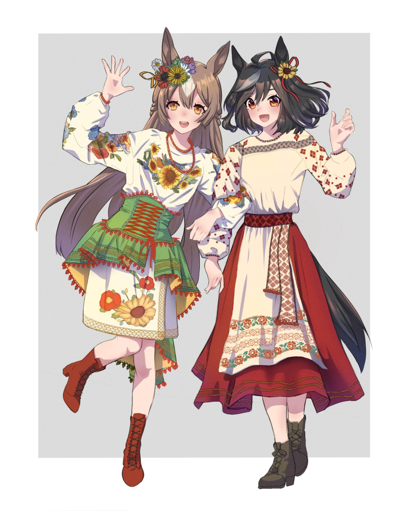 2girls, ahoge, animal_ears, black_hair, braid, brown_hair, ear_ornament, ear_ribbon, embroidered, embroidered_dress, embroidery, flower, flower_ornament, hair_flower, hair_ornament, half_up_braid, highres, horse_ears, horse_girl, jewelry, kitasan_black_(umamusume), long_hair, medium_hair, multicolored_hair, multiple_girls, necklace, orange_eyes, puffy_sleeves, red_eyes, rniardraws, satono_diamond_(umamusume), shirt, simple_background, slavic_clothes, streaked_hair, sunflower, sunflower_hair_ornament, ukraine, ukrainian_clothes, umamusume, vyshyvanka, waving_arms, white_hair, white_shirt